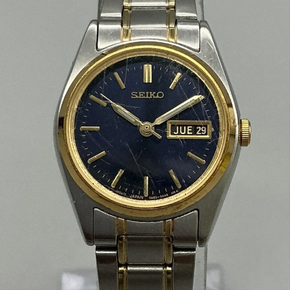 Vtg Seiko Womens Watch 24mm Blue Two Tone Day Date New Battery 6.75